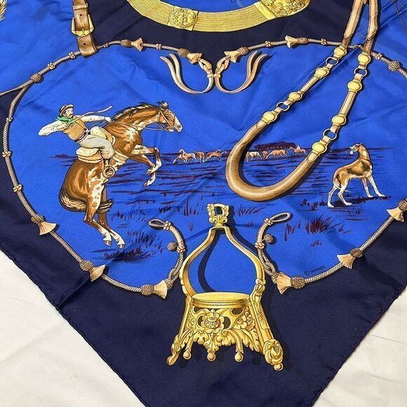 Vintage Hermes Pampa Scarf by Jean De Fougerolle Navy/Royal Blue Gold - Picture 5 of 10